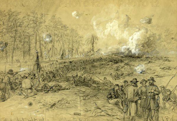 The toughest fight yet. The fight for the salient, drawing, 1862-1865, by Alfred R Waud, 1828-1891, an american artist famous for his American Civil War sketches, America, US