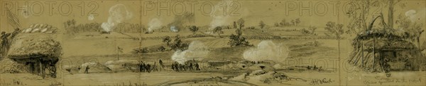 A gopher hole. Commanding position held by the Rebels in front of Genl. Warren. Officers quarters on the front, drawing, 1862-1865, by Alfred R Waud, 1828-1891, an american artist famous for his American Civil War sketches, America, US