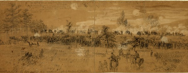 Monday's fight. The battle of Charles City road. Fought by Heintzelman and Franklin, drawing, 1862-1865, by Alfred R Waud, 1828-1891, an american artist famous for his American Civil War sketches, America, US