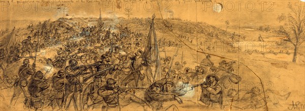 Capture of the fortifications on the Rappahannock at the Railway Bridge, by the right wing commanded by Genl. Sedgwick, drawing, 1862-1865, by Alfred R Waud, 1828-1891, an american artist famous for his American Civil War sketches, America, US