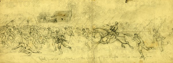 Rebel prisoners captured in the charge of Genl. Wrights Corps, running in, drawing, 1862-1865, by Alfred R Waud, 1828-1891, an american artist famous for his American Civil War sketches, America, US