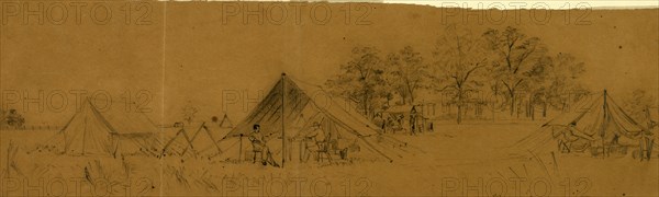 Soldiers in their tents in army camp, drawing, 1862-1865, by Alfred R Waud, 1828-1891, an american artist famous for his American Civil War sketches, America, US