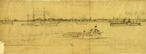 View of Charleston S.C. from on board the Harriet Lane, drawing, 1862-1865, by Alfred R Waud, 1828-1891, an american artist famous for his American Civil War sketches, America, US