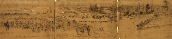 Camp at Cumberland with a view of the Pamunkey River full of gunboats and transports, drawing, 1862-1865, by Alfred R Waud, 1828-1891, an american artist famous for his American Civil War sketches, America, US