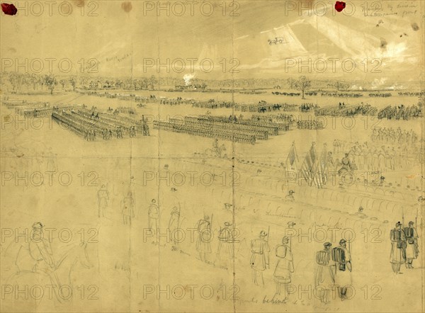 McClellan reviewing his troops near Baileys Cross Roads, drawing, 1862-1865, by Alfred R Waud, 1828-1891, an american artist famous for his American Civil War sketches, America, US