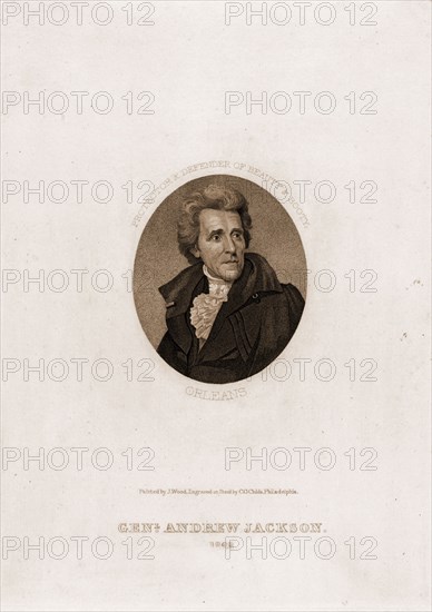 Genl. Andrew Jackson, 1828. Protector & defender of beauty & booty, Orleans / painted by J. Wood ; engraved on steel by C.G. Childs, Philadelphia.; Childs, Cephas Grier, 1793-1871.,; [Philadelphia : C.G. Childs, 1828]; 1 print on wove paper: engraving with stipple ; plate 22.5 x 16.4 cm.; Print shows a campaign portrait of Andrew Jackson issued during the presidential election of 1828. An oval bust portrait of Jackson is surrounded by the words "Protector & Defender of Beauty & Booty. Orleans," referring to Jackson's spectacular War of 1812 victory at New Orleans. It is similar in size and format to frontispiece portraits found in the numerous popular biographies of Jackson published during the campaign.