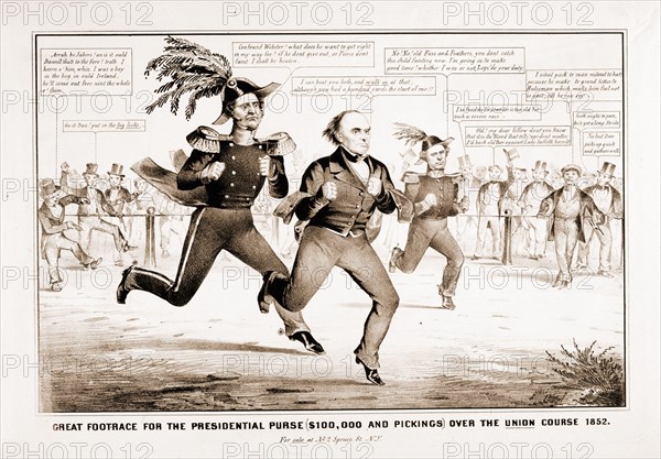 The great footrace for the presidential purse (100,000 and picking) over the Union Course 1852; N. Currier (Firm),; N.Y. : For sale, by Nathaniel Currier, at no. 2 Spruce St, 1852; 1 print on wove paper : lithograph. Satire on the presidential election of 1852, showing Winfield Scott, Daniel Webster, and Franklin Pierce competing in a footrace before a crowd of onlookers for a $100,000 prize.
