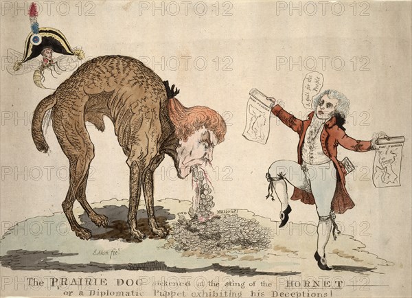 The prairie dog sickened at the sting of the hornet or a diplomatic puppet exhibiting his deceptions / J[ames] Akin, fect.; Akin, James, approximately 1773-1846, artist; [Newburyport, Mass. : s.n.], 1804.; 1 print on pale blue-grey laid paper : etching with watercolor ; 28.5 x 40.6 cm (sheet)