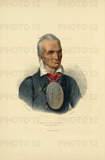 Red Jacket. Seneca war chief / on stone by Corbould from a painting by C.B. King ; printed by C. Hullmandel.; Campbell & Burns.; King, Charles Bird, 1785-1862 , artist, Hullmandel, Charles Joseph, 1789-1850 , printer, Biddle, Edward C., 1808-1893 , publisher, McKenney, Thomas Loraine, 1785-1859.; Hall, James, 1793-1868.; [Philadelphia] : Published by Campbell and Burns, [ca. 1838]; 1 print : lithograph, hand-colored ; 51 x 35.6 cm (sheet); Print shows Red Jacket, head-and-shoulders portrait, facing slightly right, wearing coat and large medallion that shows Red Jacket meeting George Washington in 1792.