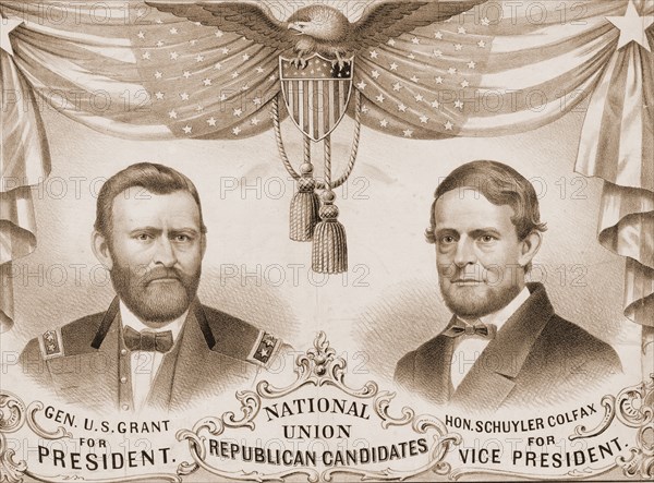 National Union Republican candidates / lith. of Kellogg & Bulkeley, Hartford, Conn.; Kellogg & Bulkeley.,; Hartford, Conn. : Kellogg & Bulkeley, c1868.; 1 print on wove paper : lithograph ; image 23.6 x 33.8 cm.; Print shows a campaign banner for the 1868 Republican presidential and vice presidential ticket. Presidential nominee Ulysses S. Grant and his running mate, former speaker of the house Schuyler Colfax, are shown in bust portraits. They are framed by two American flags joined at the center by a shield with stars and stripes, on which perches an eagle. The flags are affixed in the upper corners of the picture by two stars.