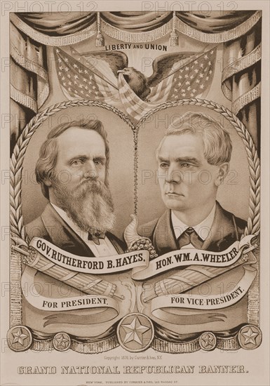 Grand National Republican banner; Currier & Ives.,; New York : Published by Currier & Ives, c1876.; 1 print on wove paper : lithograph ; image 33.6 x 22.5 cm.; Print shows a campaign banner for the 1876 Republican presidential ticket. Bust portraits of Ohio governor Rutherford B. Hayes and William A. Wheeler are framed with laurel wreaths. Above them hang swags of drapery with tassels. A bald eagle rests on the top of the portraits, flanked by four American flags, and holds part of one of the flags in his beak. Above him the words "Liberty and Union" appear in an aureole of light. Between the portraits is a cornucopia, and below each of them a bundle of fasces. A similar banner was produced by Currier & Ives for the Democratic ticket the same year. (See "Grand National Democratic Banner," no. 1876-3.)