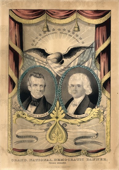 Grand National Democratic banner. Press onward; N. Currier (Firm),; [New York] : Lith & pub. by N[athaniel] Currier, 2 Spruce St. N.Y., c1844.; 1 print on wove paper : lithograph with watercolor ; image 32.1 x 21.4 cm.; One of several campaign banners Nathaniel Currier is known to have produced for the Democrats in 1844. It features two laurel-wreathed, oval portraits of Democratic presidential and vice-presidential candidates James K. Polk (left) and George M. Dallas (right). The print imitates the hanging drapes and tassels of cloth banners, aspiring to a "trompe l'oeil" effect. In the center, above the portraits, appear an eagle and several American flags. Below the portraits are acanthus cornucopias similar to those in the "Grand National Whig Prize Banner Badge" (no. 1844-9). The campaign slogan "Polk, The Young Hickory. Dallas And Victory" appears in a rising sun above the eagle. Nathaniel Currier also produced a nearly identical banner for opposition candidates Clay and Frelingh...