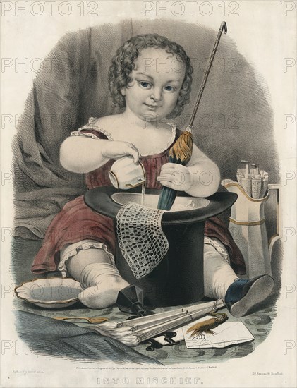 Into mischief; Currier & Ives.,; New York : Published by Currier & Ives, 152 Nassau St., c1857.; 1 print : lithograph, hand-colored.; Print shows a young girl pouring liquid into a top hat and using an umbrella to stir in a piece of lace; at her feet is an overturned bottle of ink.