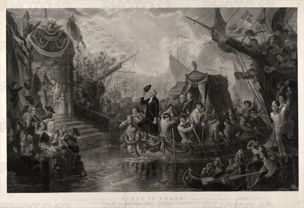 First in peace; Laing, Joseph, publisher; London ; Edinburgh ; New York : Joseph Laing, c1889.; 1 print : engraving ; 28 7/8 x 42 1/8 in.; To the people of America, this engraving of "First in peace," from the original painting, is respectfully dedicated, representing the arrival of General George Washington at the Battery, New York, April 23rd, 1789.