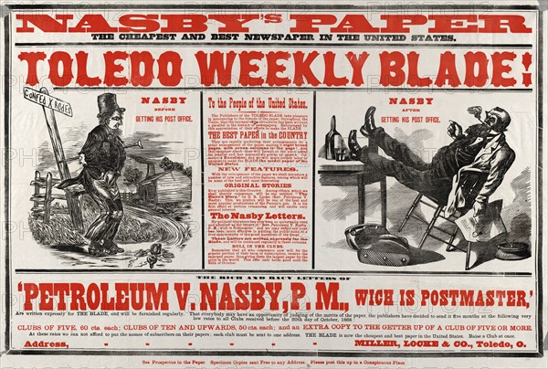 Nasby's paper; Toledo, [Ohio] : Miller, Locke & Co., [1868]; 1 print : woodcut ; 43 3/8 x 28 1/16 in.