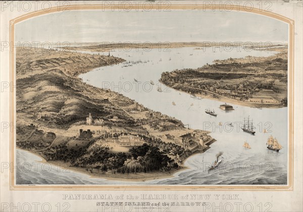 Panorama of the harbor of New York, Staten Island and the narrows; Nagel & WeingÃ¤rtner, printmaker; New York : Goupil & Co., 1854.; 1 print : lithograph, 2 color ; 40 7/8 x 29 1/2 in.