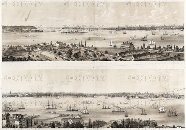 New York from Staten Island Brooklyn City Jersey City New York from Staten Island / / sketched and drawn on stone by C.W. Burton.; Burton, Charles, active 19th century, artist; Sarony & Major, printer; New York : C.W. Burton & Sarony & Major, c1849 (Printed by Sarony & Major); 1 print : lithograph, tinted ; 31 7/16 x 39 5/8 in.