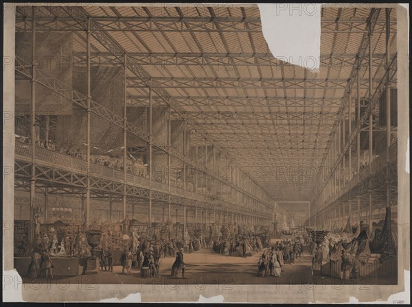 View of the nave of the great exhibition building, Hyde Park; Day & Son, printmaker; London : Ackermann & Co., and Day & Son, 1851 Mar. 6.; 1 print : lithograph with tint stone, hand-colored ; 30 7/8 x 41 1/2 in.