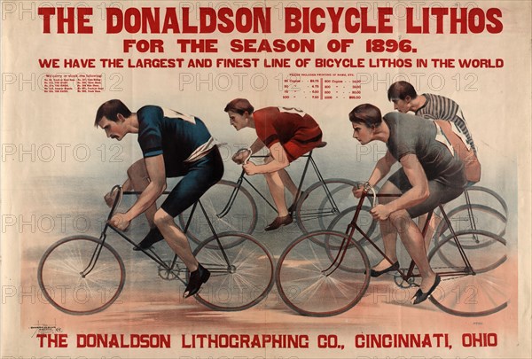 The Donaldson bicycle lithos for the season of 1896; Donaldson Lith. Co., lithographer; Cincinnati : Donaldson Litho Co., [ca. 1896]; 1 print ; chromolithograph ; 28 9/16 x 42 1/4 in.