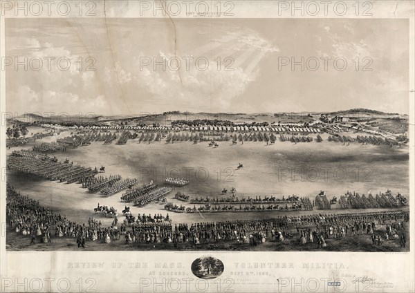 Review of the Mass. volunteer militia, at Concord, Sept. 9, 1859, by his excellency (commander in chief) Nathaniel P. Banks / Endicott & Co., lith.; New York and Boston : Jno. B. Bachelder, c1860.; 1 print : lithograph with 2 tint stones ; 30 1/2 x 42 7/8 in.