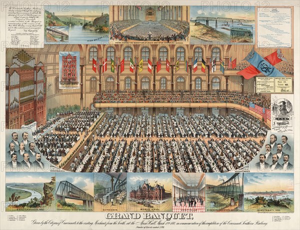 Grand banquet, given by the citizens of Cincinnati, to the visiting merchants from the south, at the Music Hall, March 18th 1880, in commemoration of the completion of the Cincinnati Southern Railway, number of guests seated 1,776; Cincinnati : M.P. Levyeau & Co., c1880.; 1 print : chromolithograph.