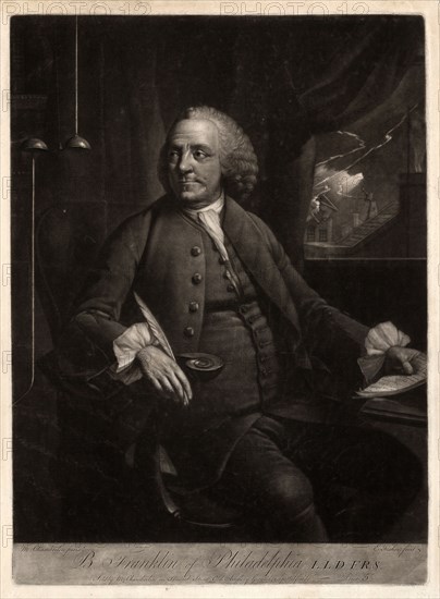 B. Franklin of Philadelphia L.L.D. F.R.S. / M. Chamberlin pinxt. ; E. Fisher fecit.; Fisher, Edward, 1730-approximately 1785, engraver; Chamberlin, Mason, -1787 , artist; [between 1763 and 1785]; 1 print : mezzotint.; Print shows Benjamin Franklin, three-quarter length portrait, seated at desk, looking to his right at an electrical device, in his left hand are papers upon which he is taking notes, and visible through a window to his left is lightning striking a building.