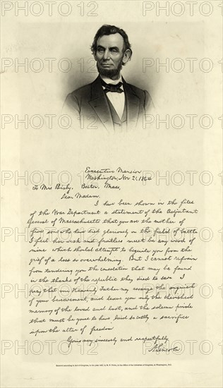 [Letter from Abraham Lincoln to Mrs. Bixby, with bust-length portrait of Lincoln] / engd. by J. C. Buttre, photo by M.B. Brady.; Buttre, John Chester, 1821-1893, artist; M. F. Tobin, 1891.
