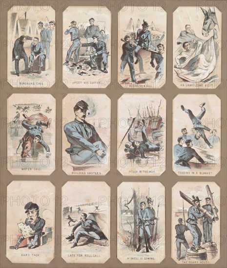 Life in camp, part 1; Homer, Winslow, 1836-1910, artist; L. Prang & Co. , publisher; Boston : Published by L. Prang & Co., c1864.; 12 prints (1 page) : chromolithograph ; 10.5 x 6.2 cm (each), 34 x 29 cm (mount); Souvenir cards showing various views of daily life in a Union military camp during the Civil War.