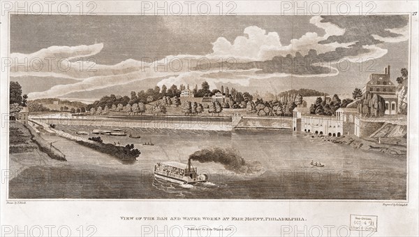 View of the dam and water works at Fairmount, Philadelphia / drawn by T. Birch ; engraved by R. Campbell.; Campbell, Robert, active 1806-1831, engraver; Birch, Thomas, 1779-1851 , artist; Parker, Edward (Bookseller); [Philadelphia] : Published by Edwd. Parker, 8124.; 1 print : engraving ; 24 x 42.4 cm (sheet); Print shows a bird's-eye view below the dam at the Fairmount water works, in Philadelphia, with small boats and a steam ferry on the waterway.