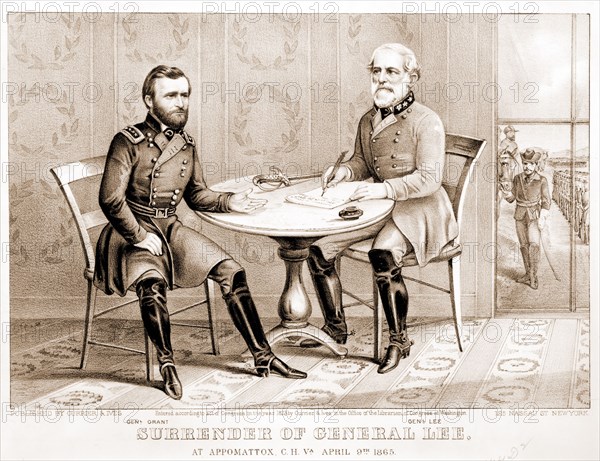 Surrender of General Lee - at Appomattox, C.H. Va. April 9th 1865; Currier & Ives.,; New York : Published by Currier & Ives, 125 Nassau St., c1873.; 1 print : lithograph.