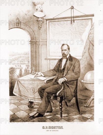 O.P. Morton, Gov. of Indiana; Ehrgott, Forbriger & Co.,; [Cincinnati : Ehrgott & Forbriger & Co., between 1862 and 1864]; 1 print : lithograph ; 40.5 x 30.3 cm. (sheet); Print shows Oliver P. Morton, Governor of Indiana, full-length portrait, facing slightly left, seated next to table, right hand holding pen; military review on parade grounds visible through opening in background.