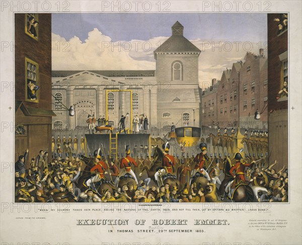 Execution of Robert Emmet in Thomas Street, [Dublin], 20th September 1803; Gies & Co.,; Buffalo, New York : Gies & Co., c1878.; 1 print : lithograph, color.; Scene following the beheading of Robert Emmet, Dublin, 1803, with mounted soldiers overseeing the horrified spectators.
