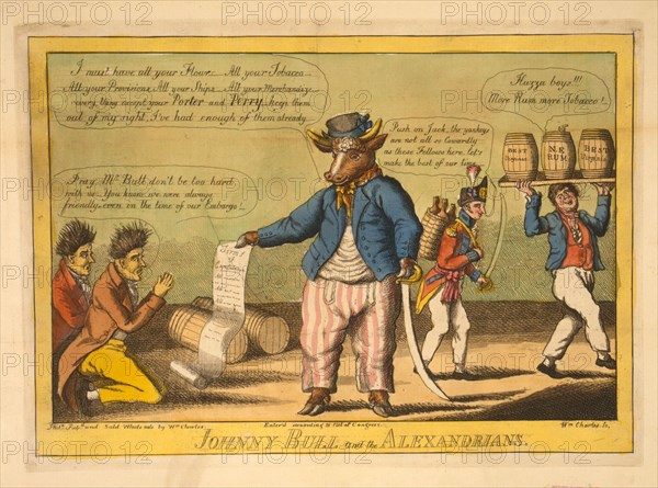 Johnny Bull and the Alexandrians / Wm Charles, Ssc.; Charles, William, 1776-1820, artist; Philada. : Pubd, and sold wholesale by Wm. Charles, 1814.; 1 print on laid paper : etching and aquatint ; plate 24.8 x 34 cm.; The citizens of Alexandria, Virginia, are ridiculed in this scene for their lack of serious resistance against the British seizure of the city in 1814. At left two frightened gentlemen kneel with hands folded, pleading, "Pray Mr. Bull don't be too hard with us -- You know we were always friendly, even in the time of our Embargo!" In the center stands a bull in English seaman's clothes, holding out a long list of "Terms of Capitulation" to the Alexandrians. He says, "I must have all your Flour -- All your Tobacco -- All your Provisions -- All your Ships -- All your Merchandize -- every thing except your Porter and Perry -- keep them out of my sight, I've had enough of them already." His allusion is to American Commodore Oliver Hazard Perry and Captain David Porter. At right...
