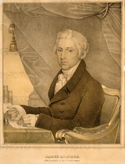 James Monroe, fifth President of the United States; D.W. Kellogg & Co.,; [between 1830 and 1842]; 1 print : lithograph.; James Monroe, half-length portrait, seated, facing slightly left, with hands on desk.