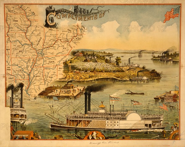 Mississippi river steamboat / executed by the Heliotype Printing Co., Boston, Mass. U.S.A.; Heliotype Printing Co.,; c1895.; 1 print : lithograph, color.; Steamboats on river with scenes of African-Americans on raft, picking cotton, and dancing and playing instruments. Map of southern states in upper left corner.