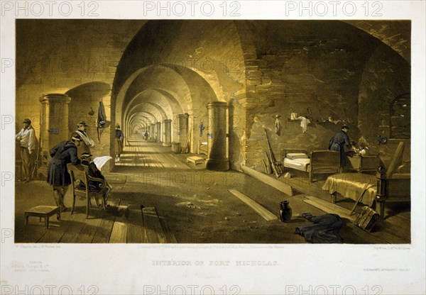 Interior of Fort Nicholas / W. Simpson del. ; E. Walker lith. ; Day & Son, Lithrs. to the Queen.; Day & Son.; Simpson, William, 1823-1899 , artist; Pall Mall [London, England] : Published by Paul & Dominic Colnaghi & Co., 1856 Feby. 27th.; 1 print : lithograph, tinted with hand-coloring ; 38.4 x 57.2 (sheet); Interior view of Fort Nicholas showing living space and arched passageway.