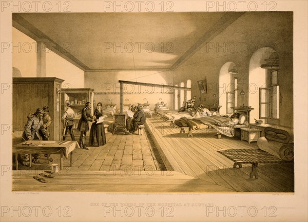 One of the wards of the hospital at Scutari / W. Simpson del. ; E. Walker lith. ; Day & Son, Lithrs. to the Queen.; Day & Son.; Simpson, William, 1823-1899 , artist; Pall Mall [London, England] : Published by Paul & Dominic Colnaghi & Co., 1856 April 21st.; 1 print : lithograph, tinted ; 38.3 x 57 (sheet); Interior view of a hospital ward at Scutari during the Crimean War, after the arrival of Florence Nightingale.