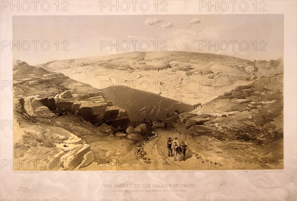 The valley of the shadow of death Caves in the Woronzoff Road behind the 21 gun battery / / W. Simpson, del. ; J. Needham, lith. ; Day & Son, Lithrs. to the Queen.; Day & Son.; Simpson, William, 1823-1899 , artist; Pall Mall [London, England] : Published by Paul & Dominic Colnaghi & Co., 1855 June 11th.; 1 print : lithograph, tinted ; 38.4 x 57 (sheet); Broad view of the landscape along the Woronzoff Road showing entrance to valley and, in the foreground, soldiers carrying wounded on a stretcher.