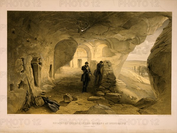 Excavated church in the caverns at Inkermann, looking west / W. Simpson, del. ; Day & Son, Lithrs. to the Queen.; Day & Son.; Simpson, William, 1823-1899 , artist; Pall Mall [London, England] : Published by Paul & Dominic Colnaghi & Co., 1855 May 22nd.; 1 print : lithograph, tinted ; 38 x 57 (sheet); Interior view of cavern showing remains of church and two soldiers firing over stone wall at entrance.