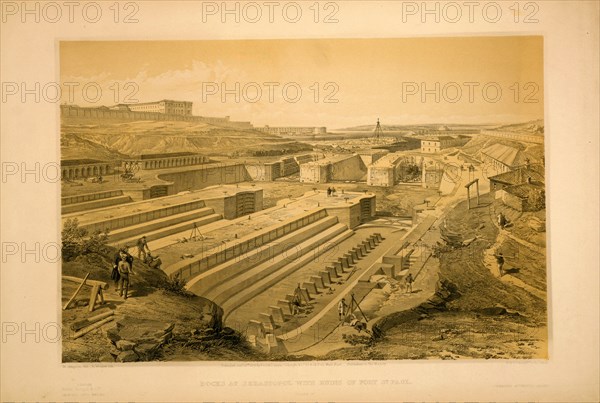 Docks at Sebastopol with ruins of Fort St. Paul / W. Simpson del. ; E. Walker lith. ; Day & Son, Lithrs. to the Queen.; Day & Son.; Simpson, William, 1823-1899 , artist; Pall Mall [London, England] : Published by Paul & Dominic Colnaghi & Co., 1856 Jany. 22nd.; 1 print : lithograph, tinted ; 38.4 x 57.2 (sheet); View of the ship building docks at Sevastopol' with Fort St. Paul on the high ground to the left.