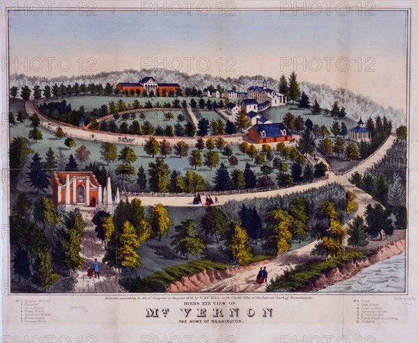 Birds eye view of Mt. Vernon the home of Washington; G. & F. Bill (Firm),; c1859.; 1 print : lithograph, hand-colored ; 34.3 x 40 cm (sheet); Print shows a bird's-eye view of George Washington's Mount Vernon estate, with house in upper right and tomb in lower left; Potomac River is visible in lower right. This is a variant impression with darker colors and different placement of some numbers, also lacks comma in title.