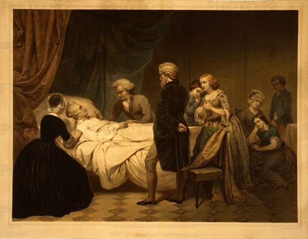 Life of George Washington The Christian death / / painted by Stearns ; lith. by Régnier, imp. Lemercier, Paris.; Stearns, Junius Brutus, 1810-1885 , artist; Paris : Lemercier, c1853.; 1 print : lithograph, hand-colored.; George Washington on his death bed attended by family and friends.