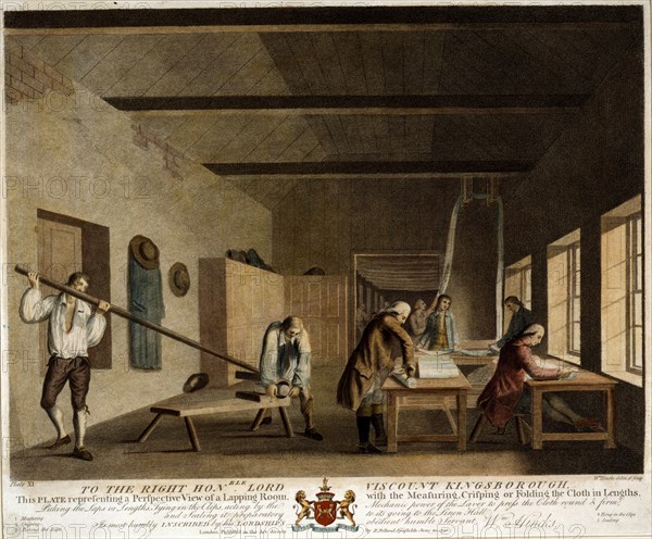 To the right hon'able Lord Viscount Kingsborough, ... this plate representing a perspective view of a lapping room, with the measuring, crisping or folding the cloth in lengths, picking the laps or lengths, tying in the clips, acting by the mechanic power of the laver to press the cloth round & firm, and sealing it preparatory to its going to the Linen Hall; is ... inscribed by ... Wm. Hincks / Wm. Hincks, delin. et sculp.; Hincks, William, artist; London : Publish'd as the Act directs, by R. Pollard, Spafields, 1791 June 20.; 1 print : engraving, hand-colored ; 38.4 x 46.7 cm. (sheet); Print shows an interior view of a room in a mill or factory where several men are engaged in measuring, folding, and binding cloth into lengths.