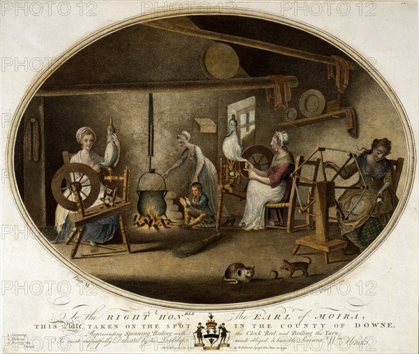 To the right hon'able the Earl of Moira, this plate, taken on the spot in the County of Downe, representing spinning, reeling with the clock reel, and boiling the yarn; is most respectfully dedicated by ... Wm. Hincks / Wm. Hincks, del. et sculp.; Hincks, William, artist; Hastings, Francis Rawdon-Hastings, Marquess of, 1754-1826.; London : Publish'd as the Act directs, by R. Pollard, Spafields, 1791 June 20.; 1 print : engraving, hand-colored ; 38.3 x 44.7 cm. (sheet); Print shows an interior view of a dwelling where four women are engaged in spinning, reeling, and boiling yarn.