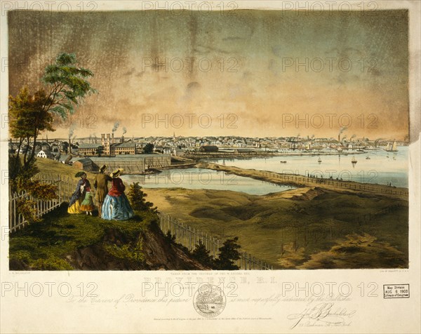 Providence, R.I., harbor view, taken from the grounds of Geo. W. Rhodes, Esq. / J.B. Bachelder ; lith. of Endicott & Co., N.Y.; W. Endicott & Co.; Bachelder, John B. (John Badger), 1825-1894 , artist; N[ew] Y[ork] : Endicott & Co., c1858.; 1 print : lithograph, hand-colored.; Print shows view of harbor and waterfront area of Providence, Rhode Island.