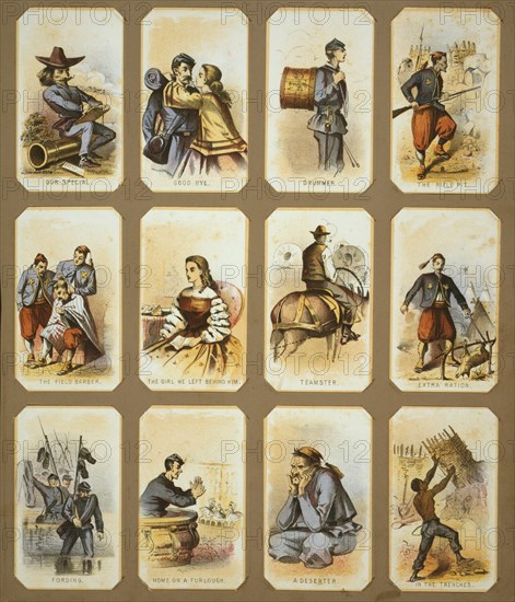 Life in camp, part 2; Homer, Winslow, 1836-1910, artist; L. Prang & Co. , publisher; Boston : Published by L. Prang & Co., c1864.; 12 prints (1 page) : chromolithograph ; 10.3 x 6.2 cm. (each); Souvenir cards showing the daily life of Union soldiers during the Civil War, on the front, in camp, and on furlough, also, an artist traveling with the army, zouaves, parting with loved ones, and an African American putting up gabions in the trenches.