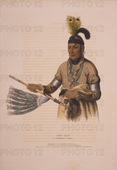 Naw-kaw, a Winnebago chief / drawn, printed & coloured at I.T. Bowen's Lithographic Establishment, no. 94 Walnut St.; Philadelphia : F. W. Greenough, c1836.; 1 print : lithograph, hand-colored.; Print shows Naw-Kaw, a Winnebago chief, three-quarter length portrait holding a peace pipe(?).