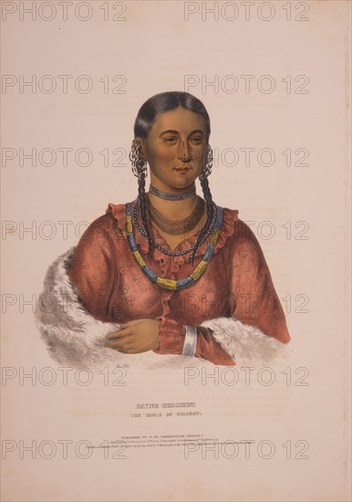Hayne-Hudjihini, the Eagle of Delight / A.H. ; drawn, printed & coloured at I.T. Bowen's Lithographic Establishment No. 94 Walnut St.; Bowen, John T., approximately 1801-1856?, lithographer; Greenough, Frederick W. , publisher; McKenney, Thomas Loraine, 1785-1859.; Hall, James, 1793-1868.; Philad[elphi]a : Published by F.W. Greenough, c1838.; 1 print : lithograph, hand-colored ; 50.5 x 35.6 cm (sheet); Print shows Hayne-Hudihini (Eagle of Delight), wife of Oto chieftan Shaumonekusse, half-length portrait, facing slightly right, with left arm folded across chest.