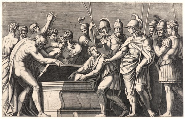 Marcantonio Raimondi (Italian, ca. 1470/1482-1527/1534) after Raphael (Italian, 1483 - 1520). Alexander the Great Preserving the Works of Homer in Achilles' Sarcophagus, ca. 1512-1530. Engraving on laid paper. Plate: 250 mm x 395 mm (9.84 in. x 15.55 in.).