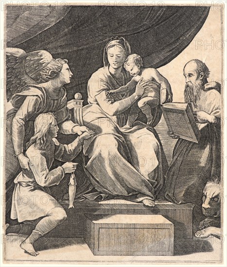 Marco Dente (aka Marco da Ravenna, Italian, ca. 1486-1527) after Raphael (Italian, 1483 - 1520). The Virgin and Child with St. Jerome and Tobias, Presented by the Archangel Gabriel, after Raphael's "Virgin of the Fish", 16th century. Engraving on laid paper. Plate: 260 mm x 218 mm (10.24 in. x 8.58 in.). Early state.